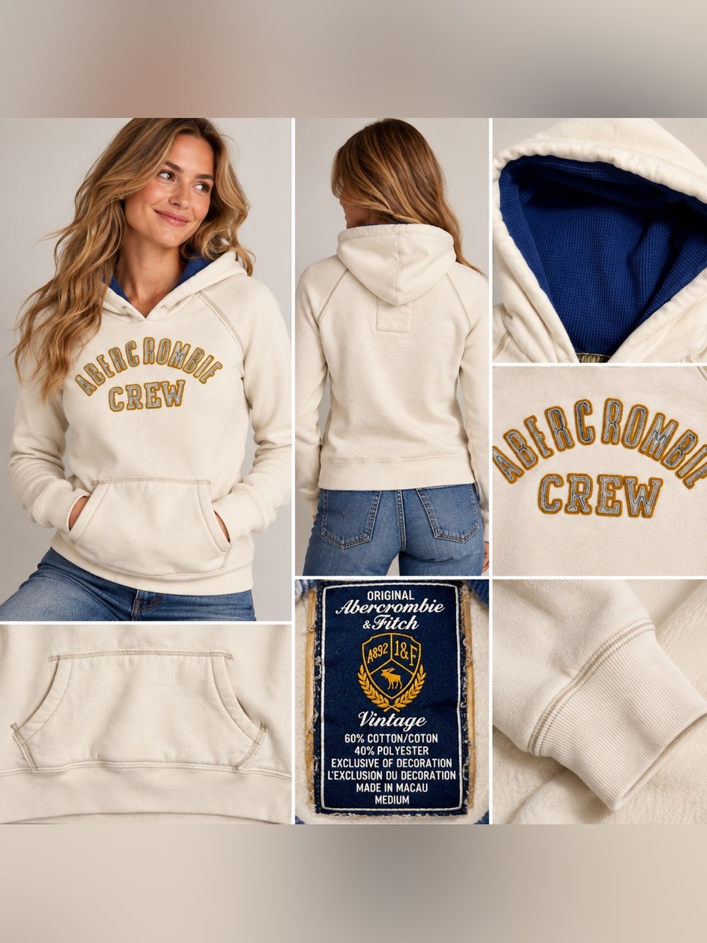 Abercrombie & Fitch Vintage Cream Crew Hoodie Medium Embroidered Pullover